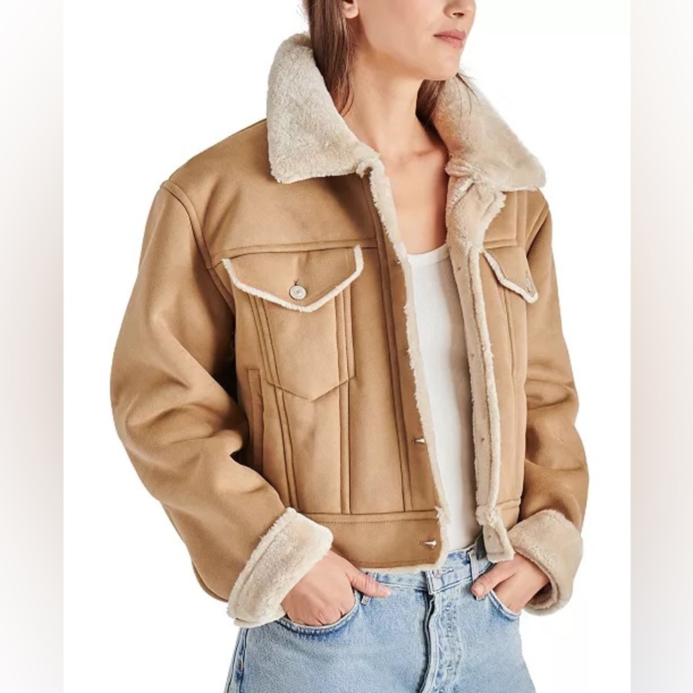 NWT Steve Madden Marie Coat Natural Tan Faux Fur Suede Jacket size XS - Picture 2 of 11